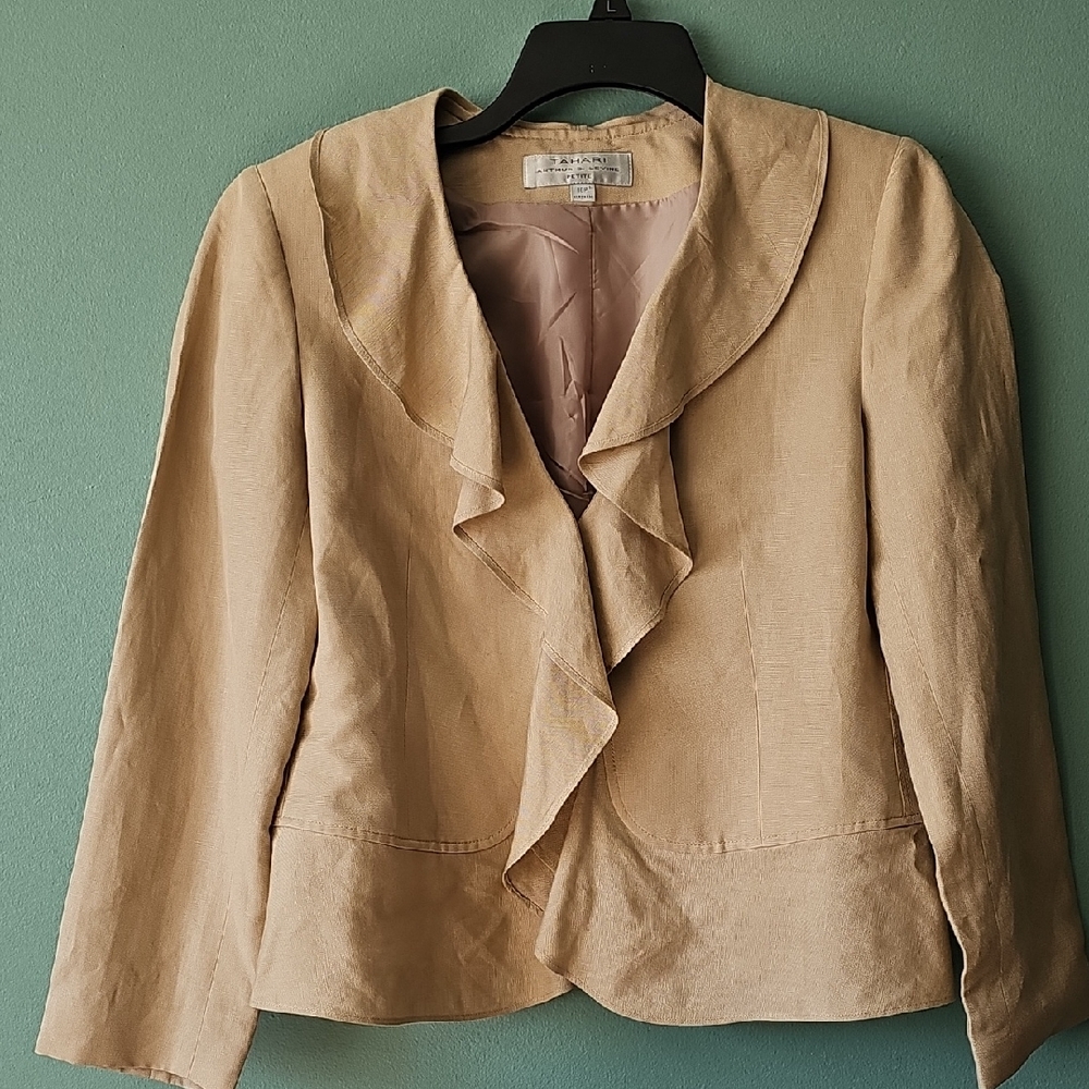 Tahari Elegant Tan Ruffle Blazer